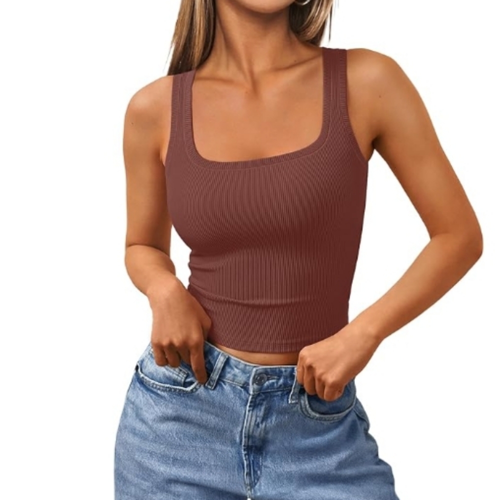 Summer Sleeveless Tank Workout Cropped Ribbed Top Brown New